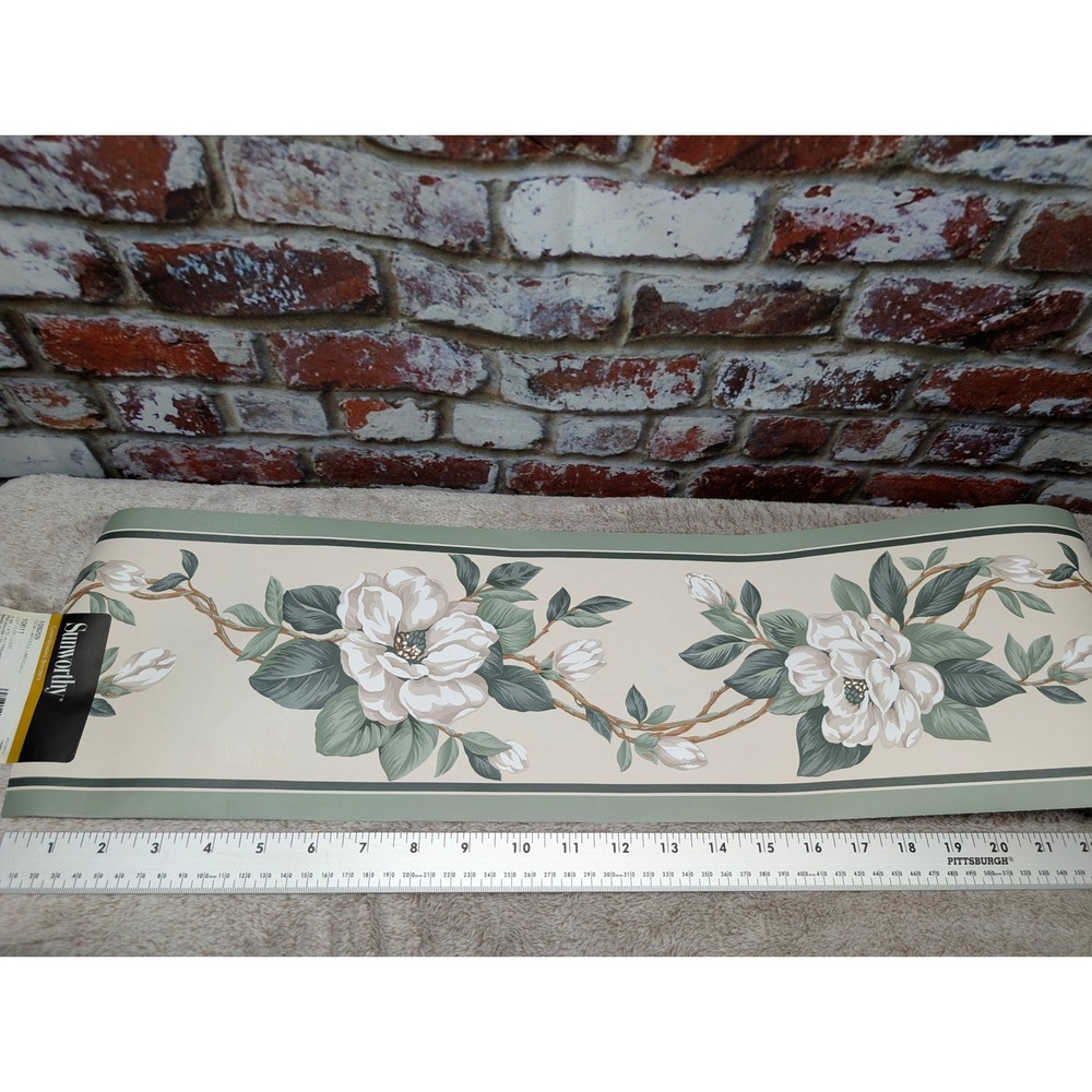 Sunworthy Magnolia Floral Wallpaper Border Sage Green Cream 109209 5 Yards